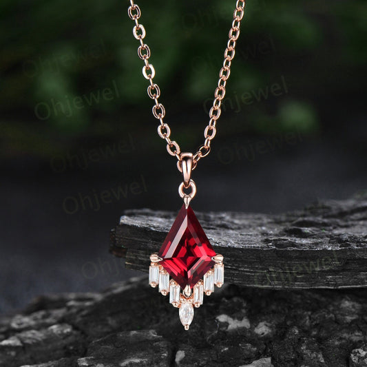 Kite cut red ruby necklace 14k rose gold cluster marquise baguette cut moissanite necklace pendant women art deco anniversary gift her