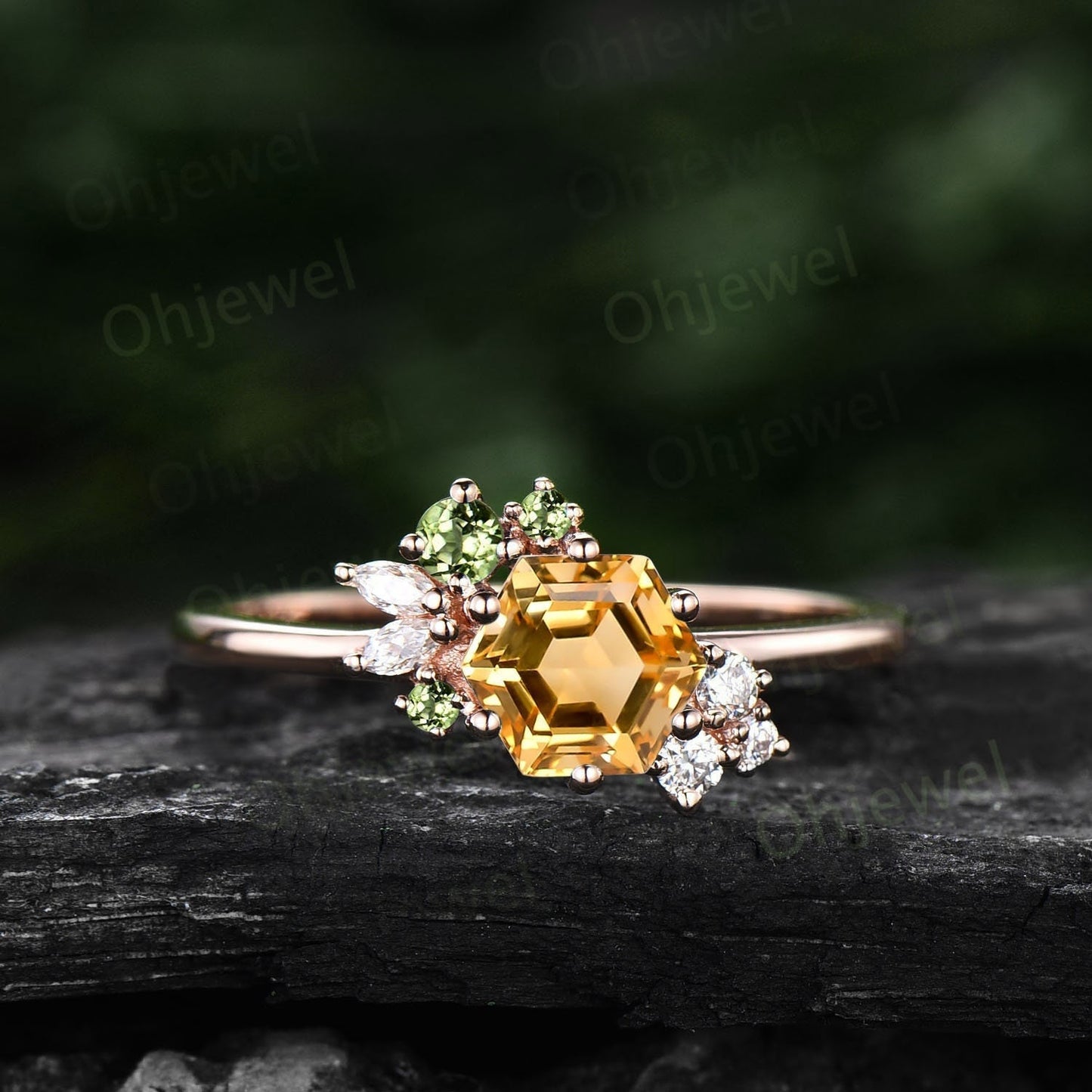 Hexagon cut yellow citrine ring vintage peridot ring rose gold 6 prong cluster unique engagement ring women Personalized wedding ring gift