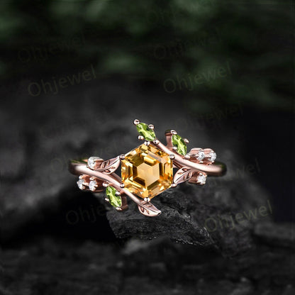 Vintage Hexagon citrine engagement ring leaf nature inspired marquise peridot ring women art deco twisted moissanite anniversary ring gift