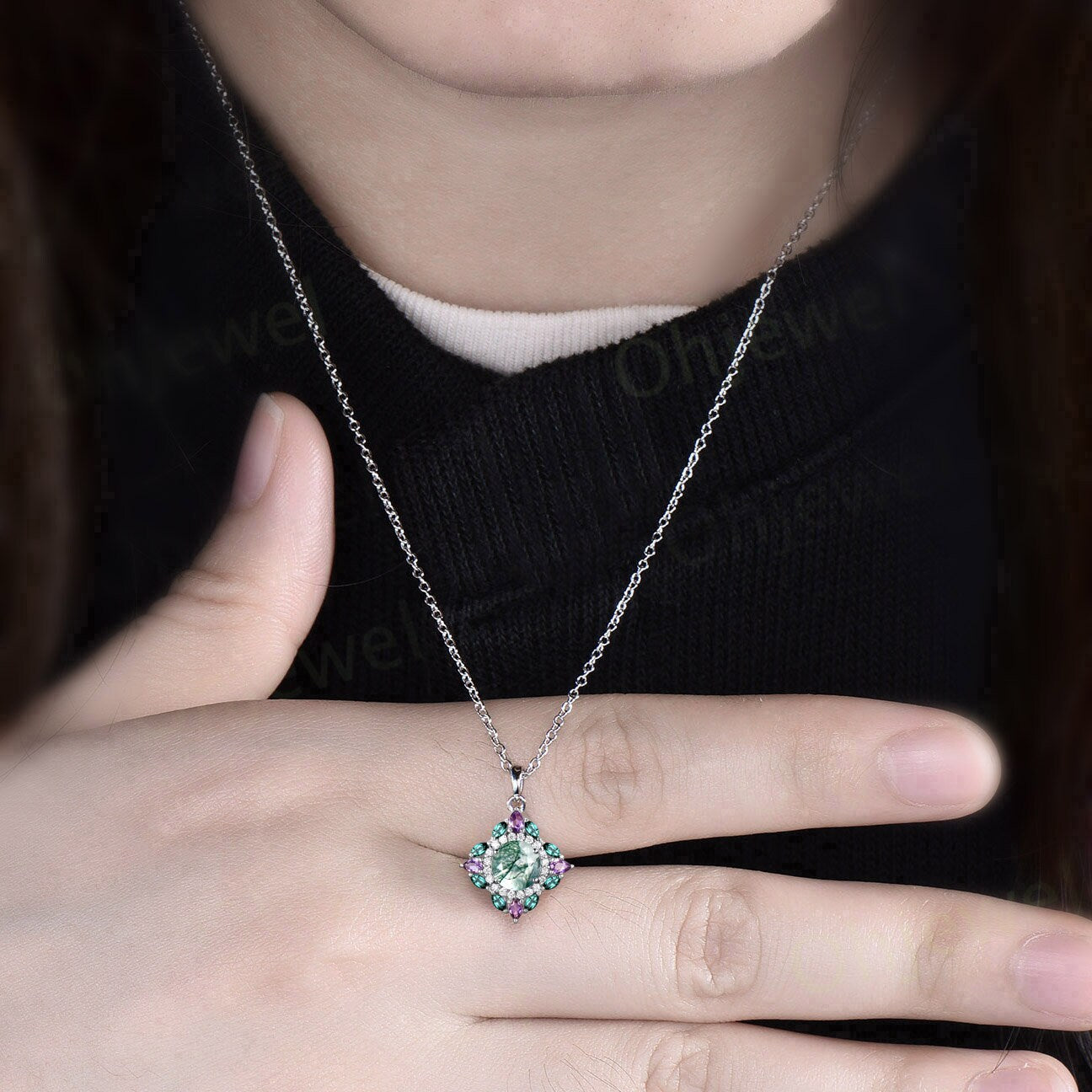 Round cut green moss agate necklace vintage double halo moissanite amethyst emerald necklace Pendant women 14k rose gold anniversary gift