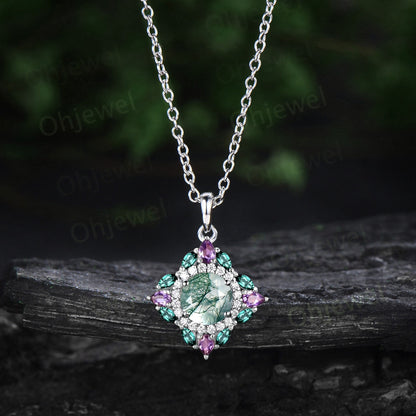 Round cut green moss agate necklace vintage double halo moissanite amethyst emerald necklace Pendant women 14k rose gold anniversary gift
