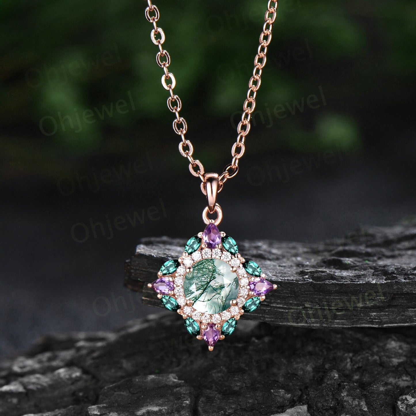 Round cut green moss agate necklace vintage double halo moissanite amethyst emerald necklace Pendant women 14k rose gold anniversary gift