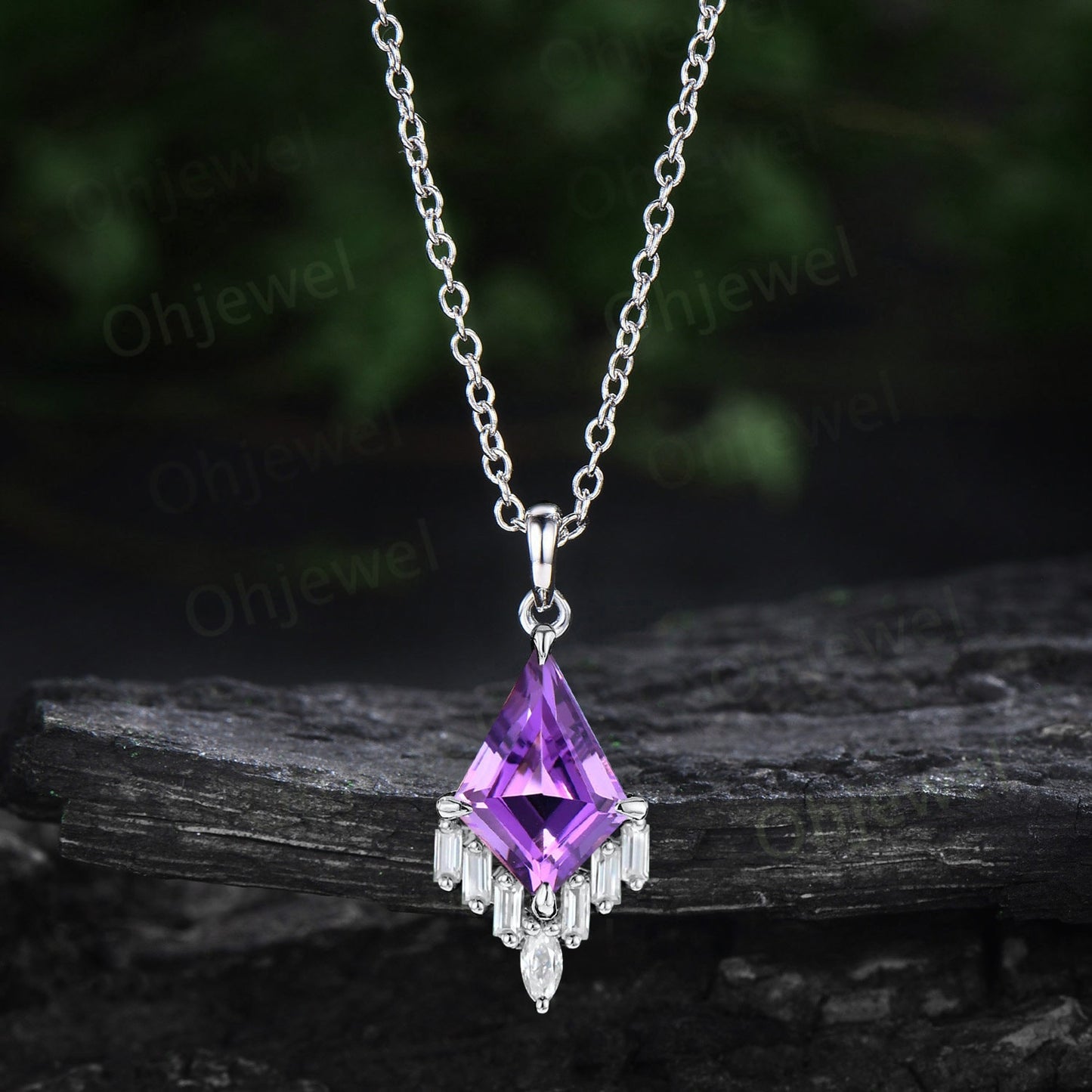 Kite purple amethyst necklace rose gold vintage February birthstone marquise baguette moissanite dainty unique necklace pendant women gift