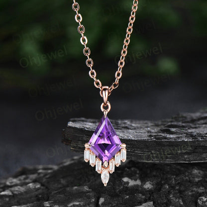Kite purple amethyst necklace rose gold vintage February birthstone marquise baguette moissanite dainty unique necklace pendant women gift