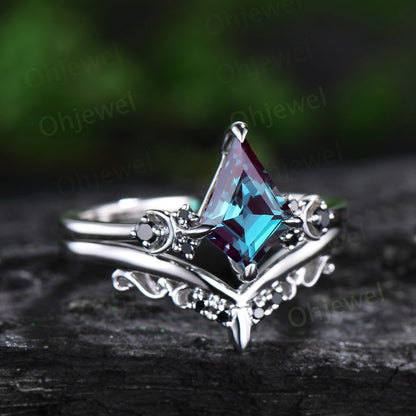 Kite cut alexandrite engagement ring Moon black diamond ring solid 14k white gold art deco antique promise anniversary ring women jewelry