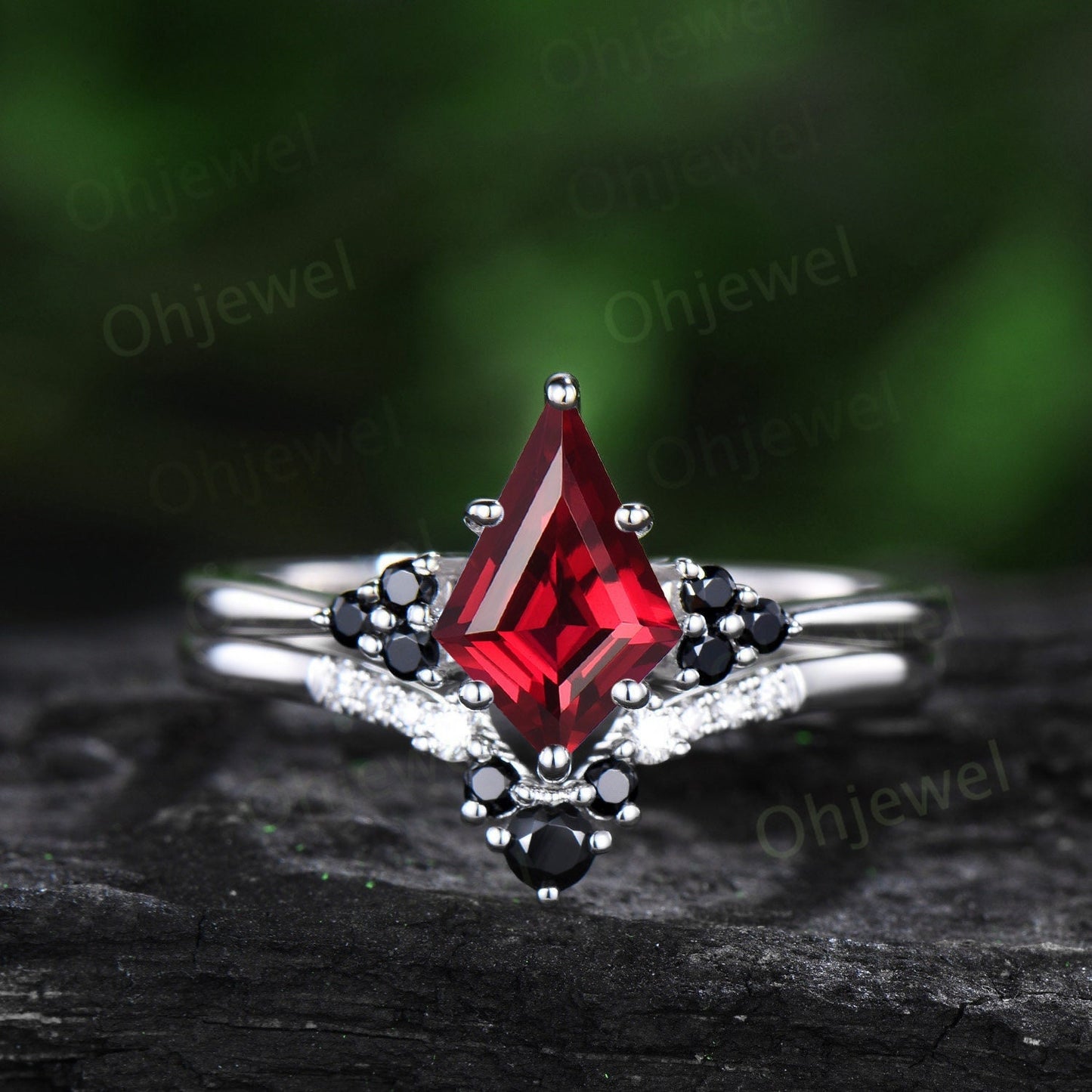 Unique kite cut red ruby engagement ring solid 14k white gold black spinel moissanite promise anniversary ring women her Personalized gift