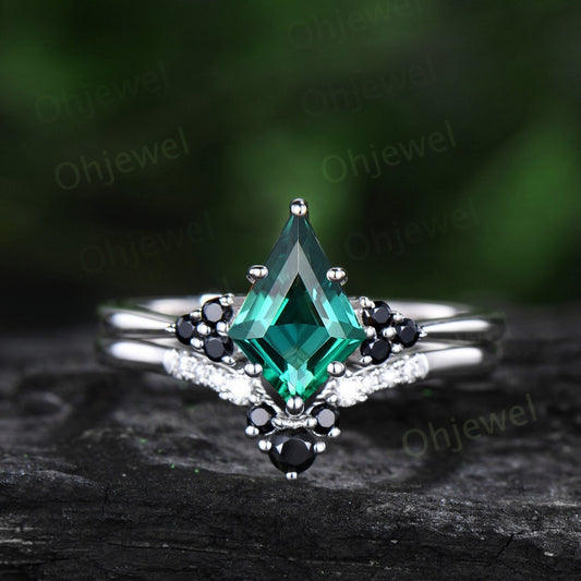 Unique kite cut green emerald engagement ring solid 14k white gold black spinel moissanite Personalized promise anniversary ring women her