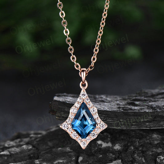 Vintage kite London blue topaz necklace rose gold antique unique snowdrift halo diamond necklace Pendant women opal jewelry anniversary gift