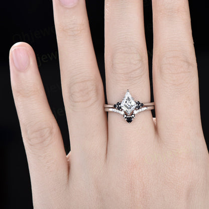 Unique kite cut moissanite engagement ring solid 14k white gold black spinel moissanite Personalized promise anniversary ring women her