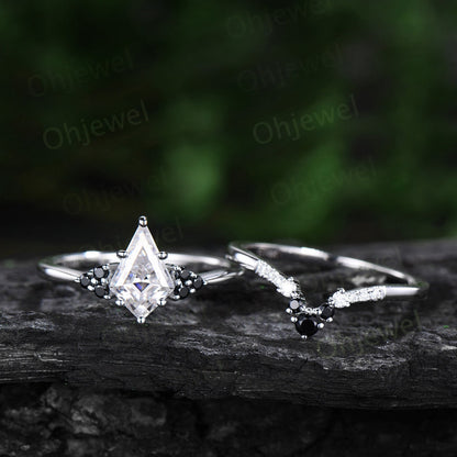 Unique kite cut moissanite engagement ring solid 14k white gold black spinel moissanite Personalized promise anniversary ring women her