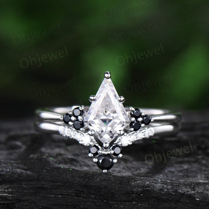 Unique kite cut moissanite engagement ring solid 14k white gold black spinel moissanite Personalized promise anniversary ring women her