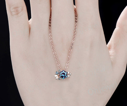 Hexagon cut Alexandrite necklace gold silver women vintage unique art deco cluster diamond necklace Pendant bridal promise anniversary gift