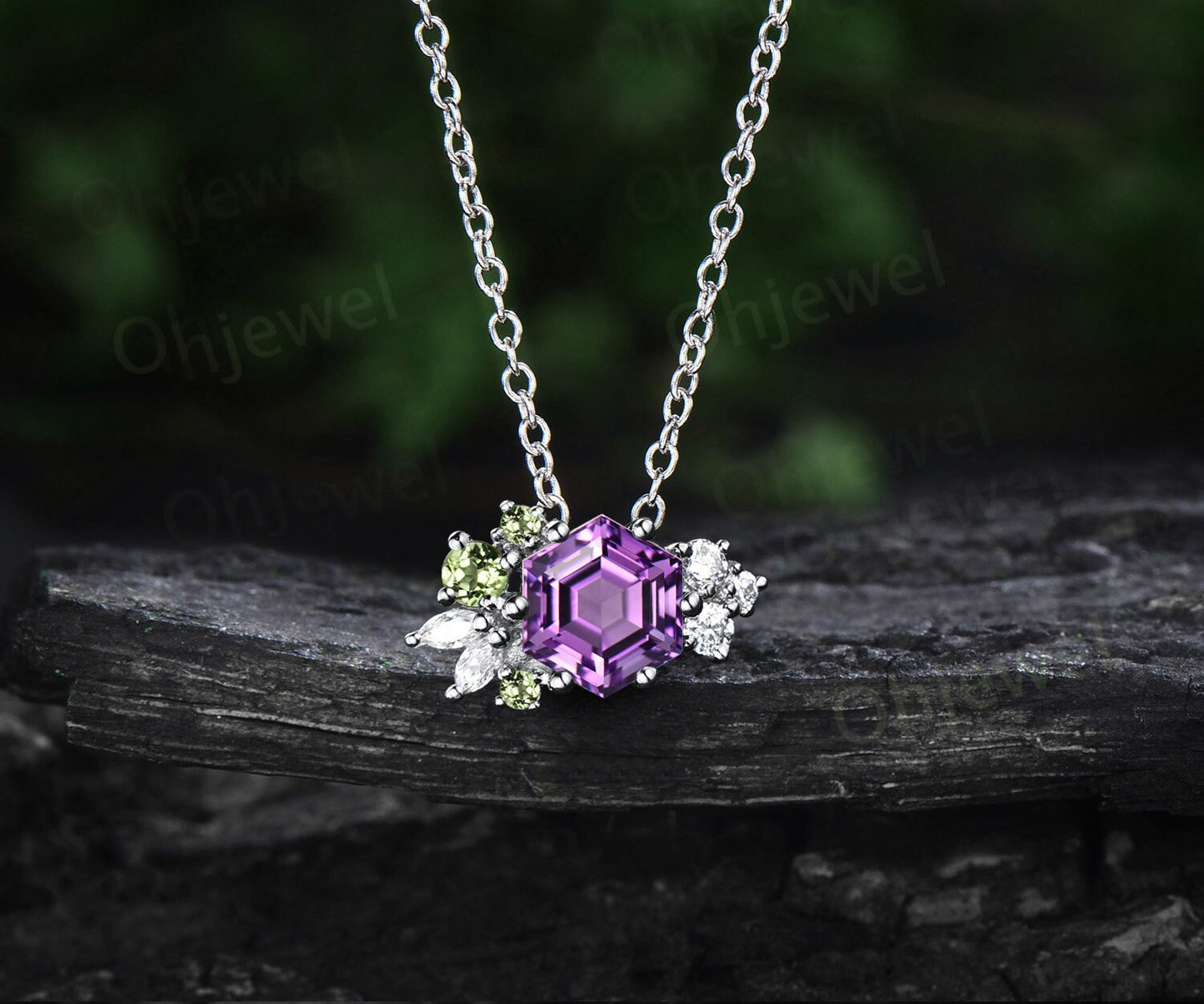 Hexagon cut Amethyst peridot necklace solid 14k rose gold Crystal cluster diamond Pendant women birthstone gemstone anniversary gift silver