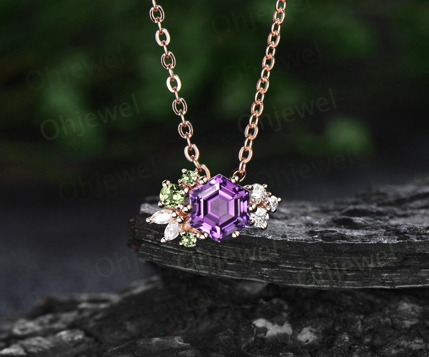 Hexagon cut Amethyst peridot necklace solid 14k rose gold Crystal cluster diamond Pendant women birthstone gemstone anniversary gift silver