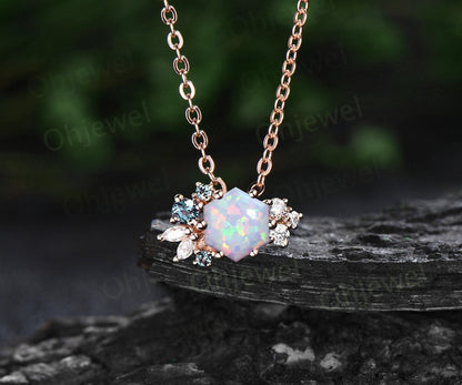 Hexagon white opal necklace gold silver women vintage unique art deco cluster alexandrite diamond necklace Pendant bridal anniversary gift