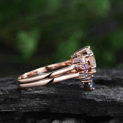 Round cut lavender Amethyst ring vintage rose gold snowdrift unique engagement ring set alexandrite wedding ring band women crystal ring