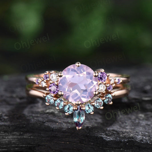Round cut lavender Amethyst ring vintage rose gold snowdrift unique engagement ring set alexandrite wedding ring band women crystal ring
