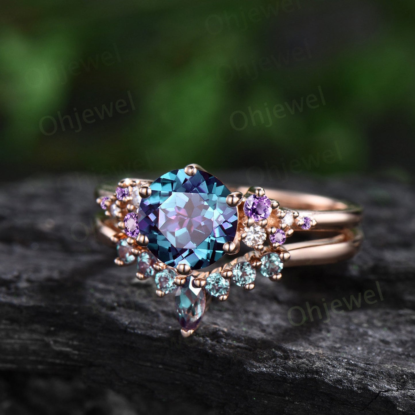 Unique round alexandrite engagement ring set 6 prong snowdrift amethyst ring rose gold cluster moissanite promise bridal ring set women gift
