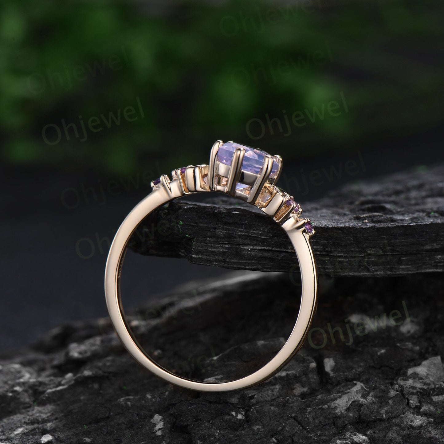 Oval lavender Amethyst ring moon opal wedding ring set art deco five stone unique engagement ring women yellow gold anniversary ring gift