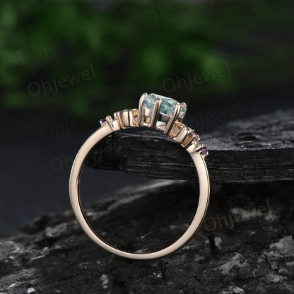 Vintage oval green moss agate engagement ring five stone moon amethyst ring yellow gold opal wedding ring band unique bridal ring set women