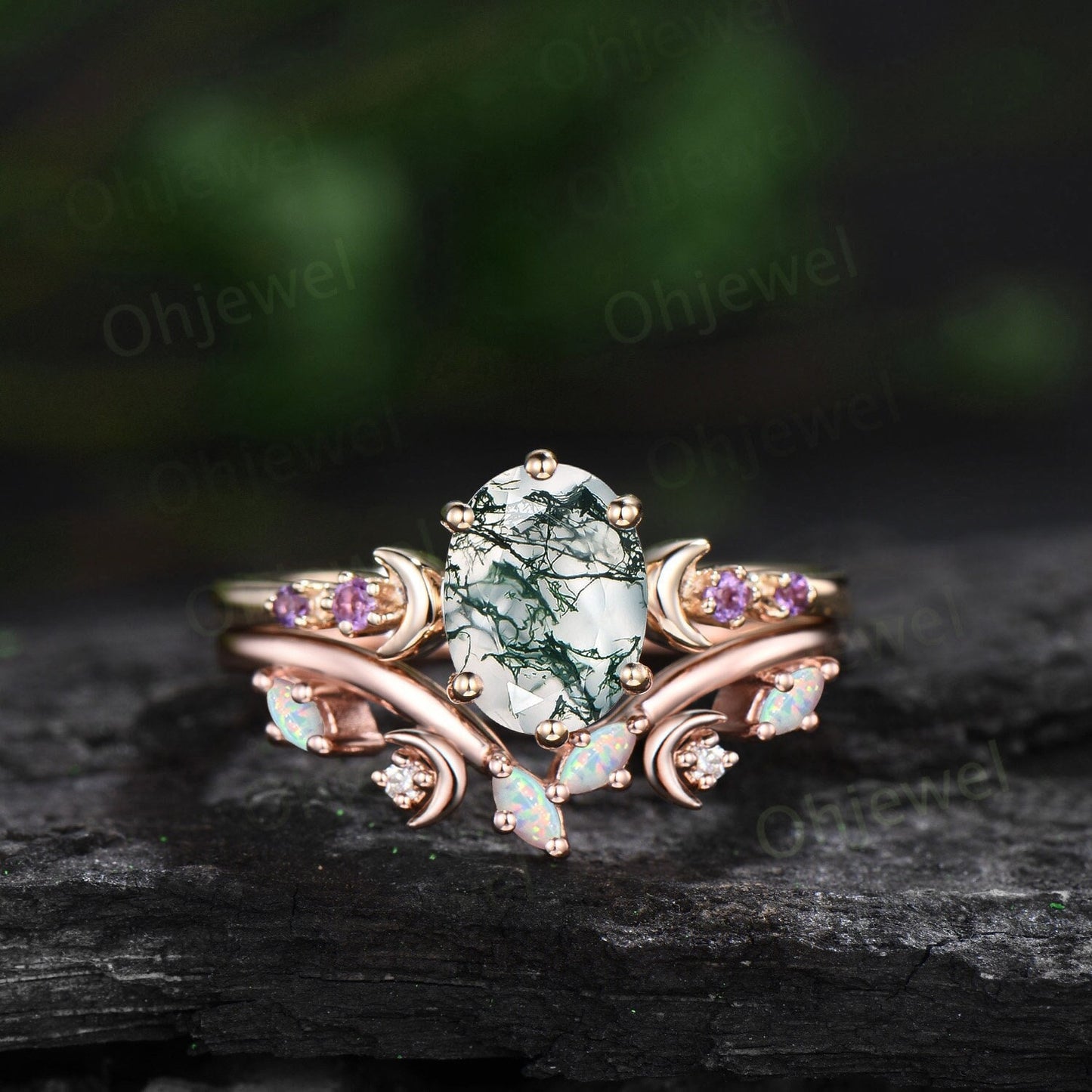 Vintage oval green moss agate engagement ring five stone moon amethyst ring yellow gold opal wedding ring band unique bridal ring set women