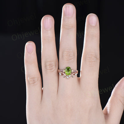 Moon five stone amethsyt ring vintage oval peridot engagement ring rose gold art deco opal wedding ring set women birthstone ring gift