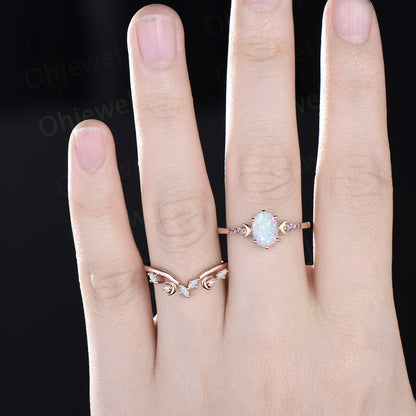 Moon five stone amethsyt ring vintage oval white opal engagement ring rose gold art deco promise wedding ring set women birthstone ring gift