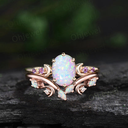 Moon five stone amethsyt ring vintage oval white opal engagement ring rose gold art deco promise wedding ring set women birthstone ring gift