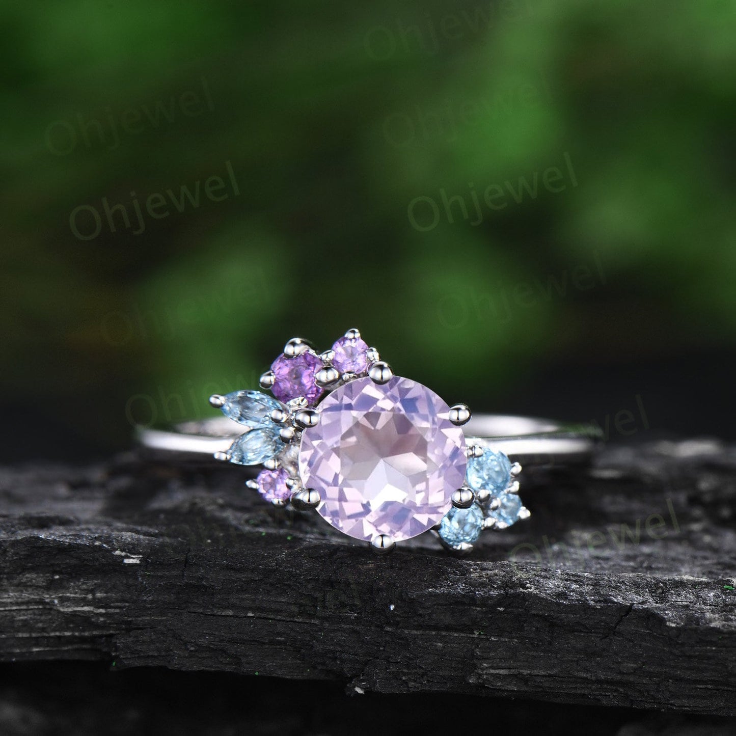 Round Lavender Amethyst engagement ring white gold 6 prong cluster blue topaz amethyst ring women stacking bridal set birthstone gift her