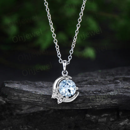 1ct Round aquamarine necklace solid 14k rose gold unique moon necklace cluster moissanite Pendant women anniversary gift March birthstone