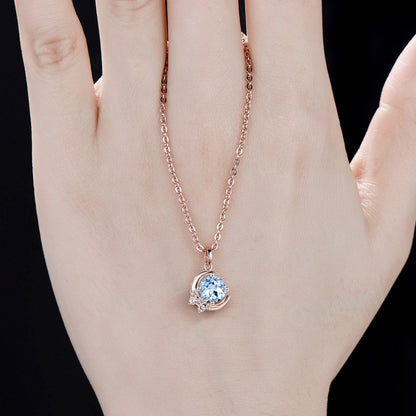 1ct Round aquamarine necklace solid 14k rose gold unique moon necklace cluster moissanite Pendant women anniversary gift March birthstone