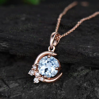 1ct Round aquamarine necklace solid 14k rose gold unique moon necklace cluster moissanite Pendant women anniversary gift March birthstone