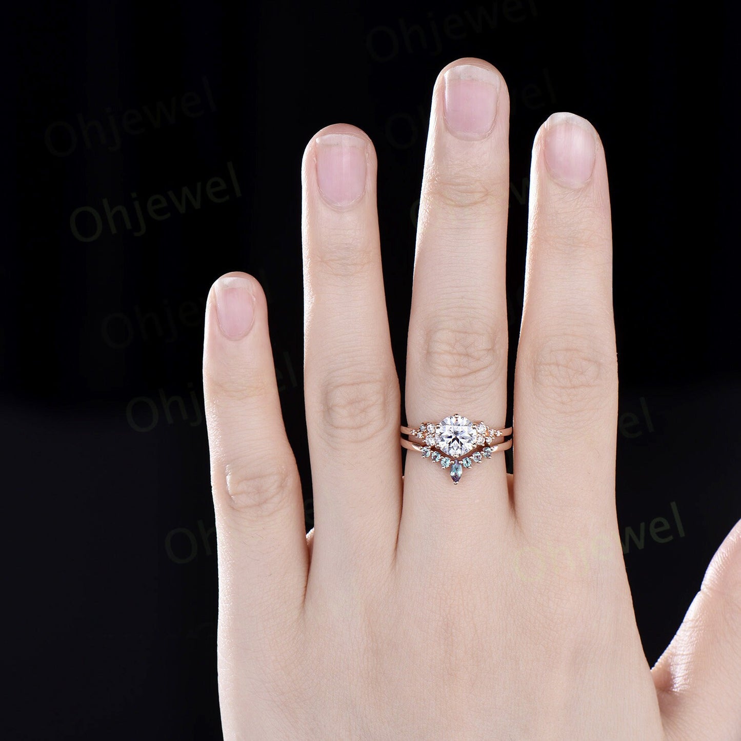 Unique round cut moissanite engagement ring set rose gold snowdrift moissanite ring alexandrite wedding bridal ring set women jewelry