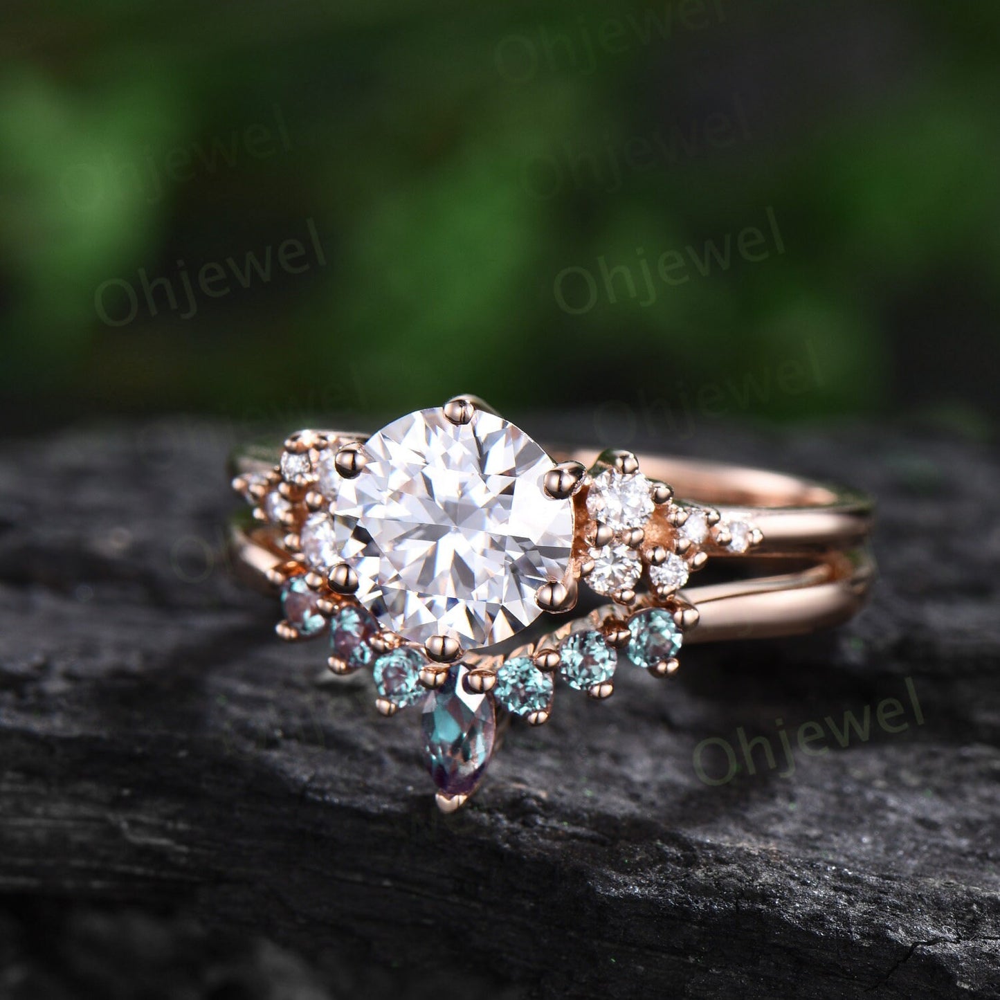 Unique round cut moissanite engagement ring set rose gold snowdrift moissanite ring alexandrite wedding bridal ring set women jewelry