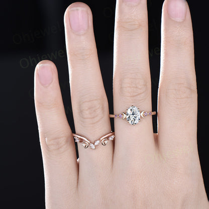 Five stone amethyst Moon oval moissanite engagement ring solid 14k gold art deco unique bridal wedding ring set women gift for her jewelry