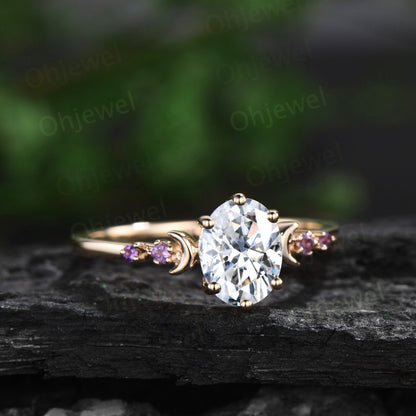 Five stone amethyst Moon oval moissanite engagement ring solid 14k gold art deco unique bridal wedding ring set women gift for her jewelry