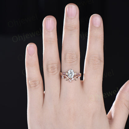 Five stone amethyst Moon oval moissanite engagement ring solid 14k gold art deco unique bridal wedding ring set women gift for her jewelry