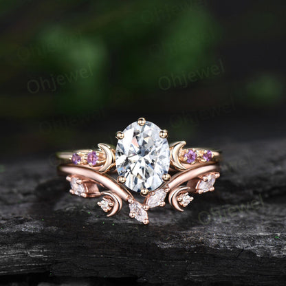 Five stone amethyst Moon oval moissanite engagement ring solid 14k gold art deco unique bridal wedding ring set women gift for her jewelry