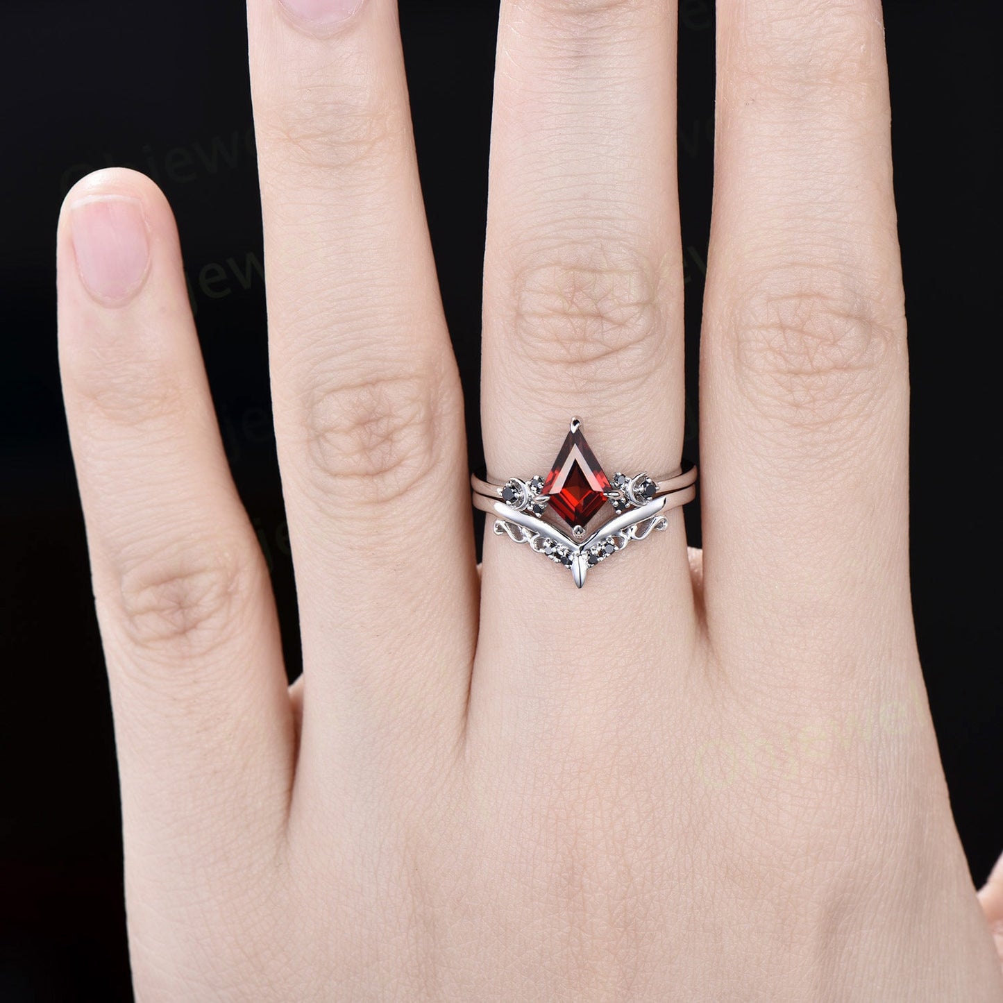 Kite cut red garnet engagement ring Moon black diamond ring solid 14k white gold art deco antique promise anniversary ring women jewelry