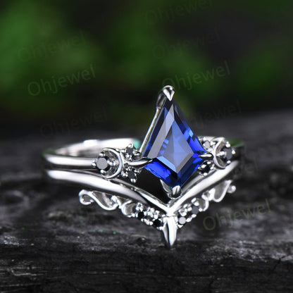 Moon black diamond kite blue sapphire engagement ring set solid 14k white gold retro bridal set unique wedding ring set women blue gemstone