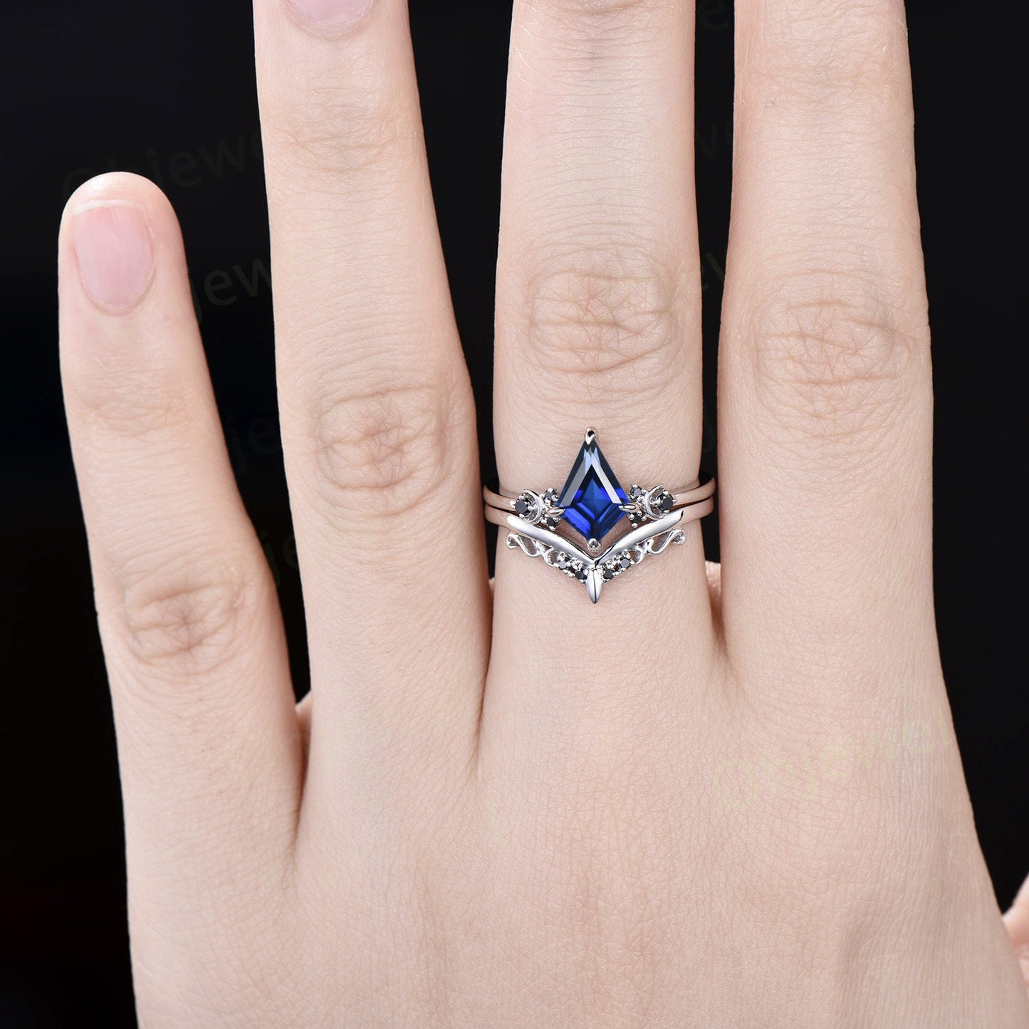 Moon black diamond kite blue sapphire engagement ring set solid 14k white gold retro bridal set unique wedding ring set women blue gemstone