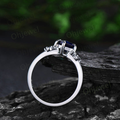 Moon black diamond kite blue sapphire engagement ring set solid 14k white gold retro bridal set unique wedding ring set women blue gemstone