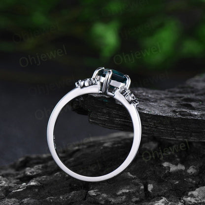 Kite cut alexandrite engagement ring Moon black diamond ring solid 14k white gold art deco antique promise anniversary ring women jewelry