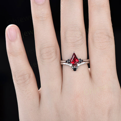 Unique kite cut red ruby engagement ring solid 14k white gold black spinel moissanite promise anniversary ring women her Personalized gift