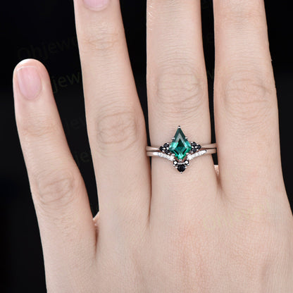 Unique kite cut green emerald engagement ring solid 14k white gold black spinel moissanite Personalized promise anniversary ring women her