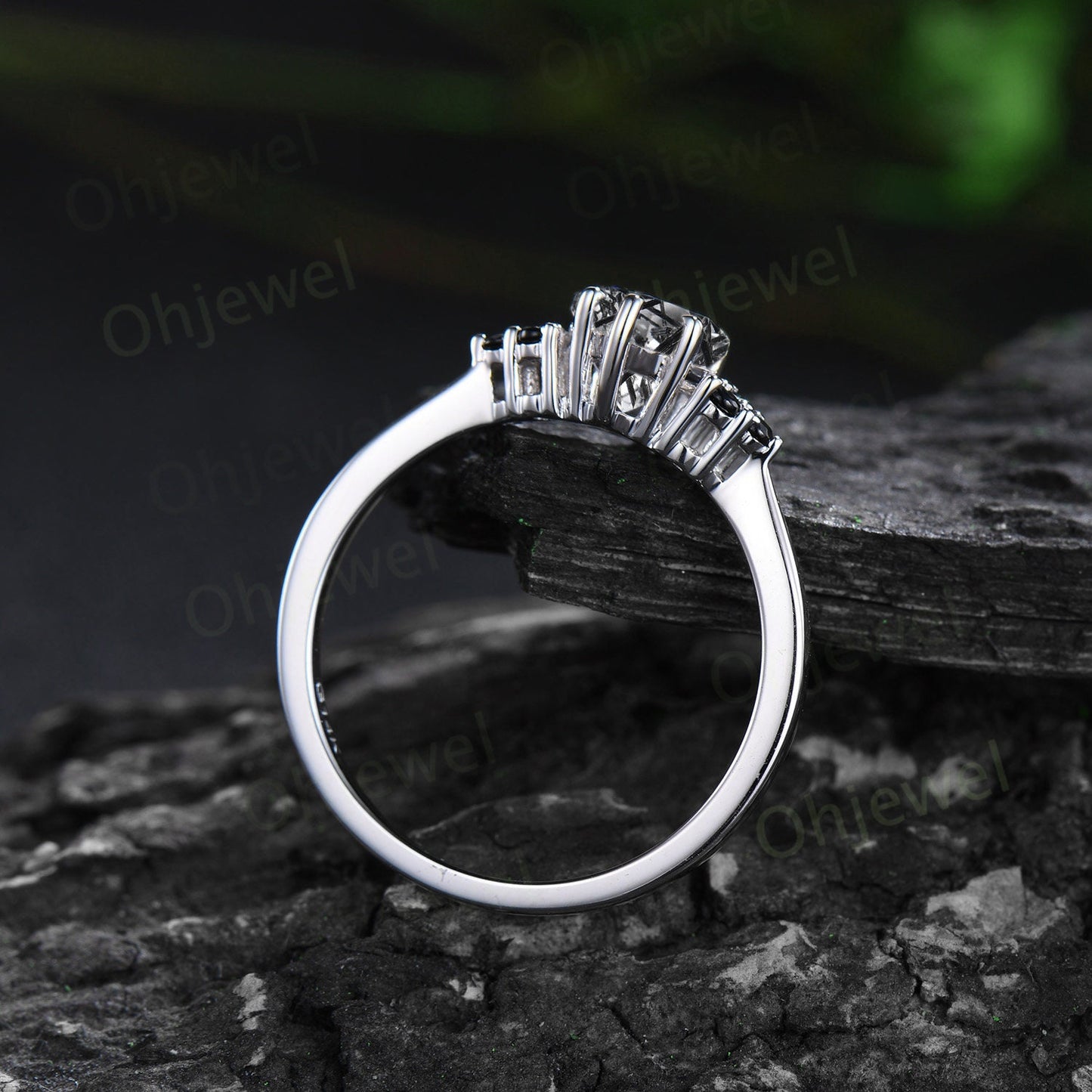 Unique kite black rutilated quartz  engagement ring solid 14k white gold black spinel moissanite Personalized promise anniversary ring women