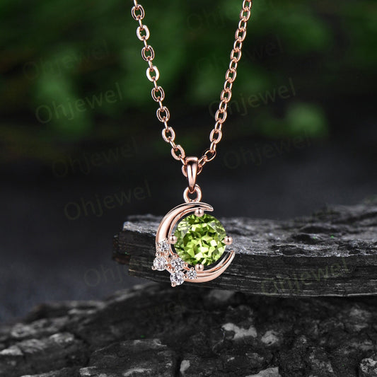 1ct Round peridot necklace solid 14k rose gold unique moon necklace cluster moissanite Pendant women anniversary gift August birthstone