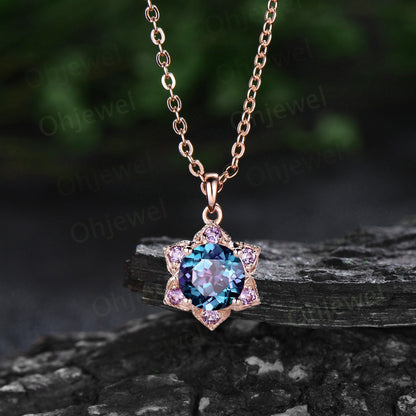 Round Alexandrite necklace vintage milgrain floral amethyst Pendant women solid 14k rose gold June birthstone anniversary gift for her