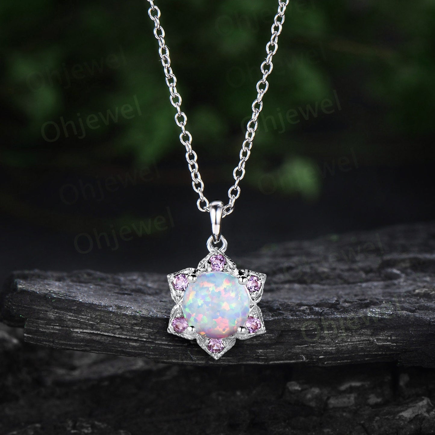 Floral round opal necklace rose gold milgrain art deco amethyst Pendant for women gemstone birthstone anniversary gift