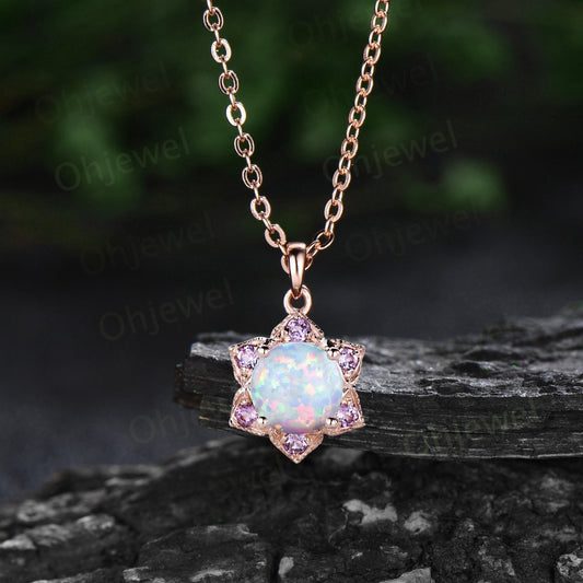 Floral round opal necklace rose gold milgrain art deco amethyst Pendant for women gemstone birthstone anniversary gift